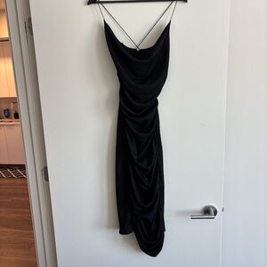 PrettyLittleThing Black Asymmetrical Ruched Slip Dress
